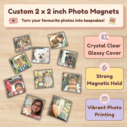 Custom 2x2 Photo Magnets – Personalized Glossy Fridge Keepsakes & Gift Sets