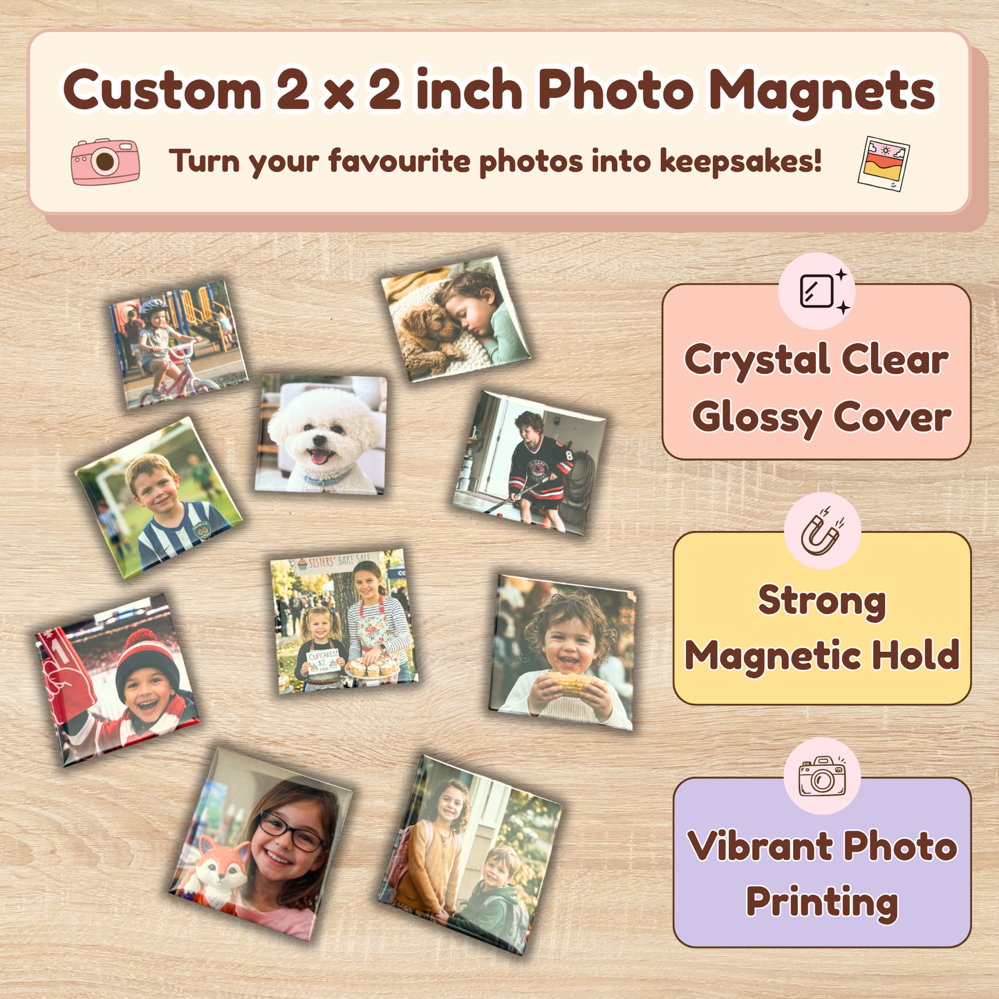 Custom 2x2 Photo Magnets – Personalized Glossy Fridge Keepsakes & Gift Sets
