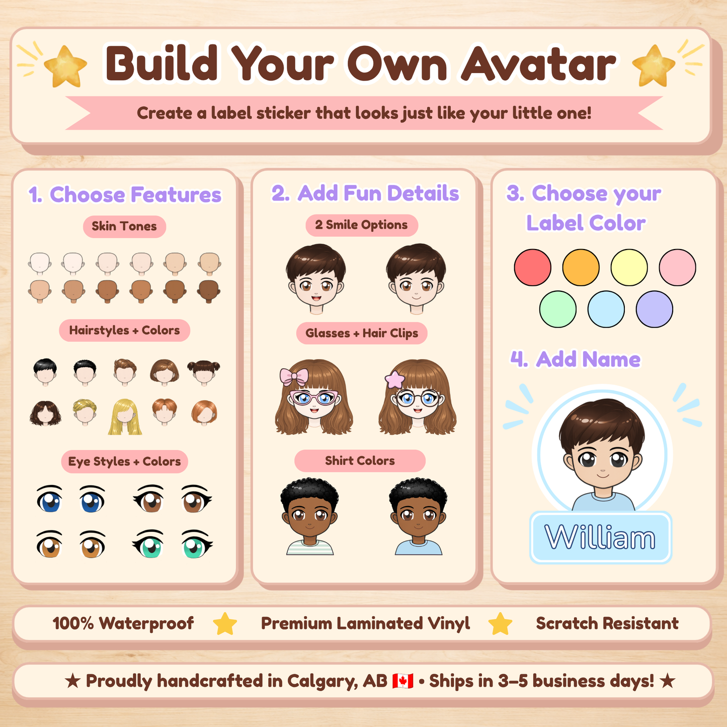 Custom Avatar Name Stickers – Waterproof Labels for Kids Water Bottles & School Gear