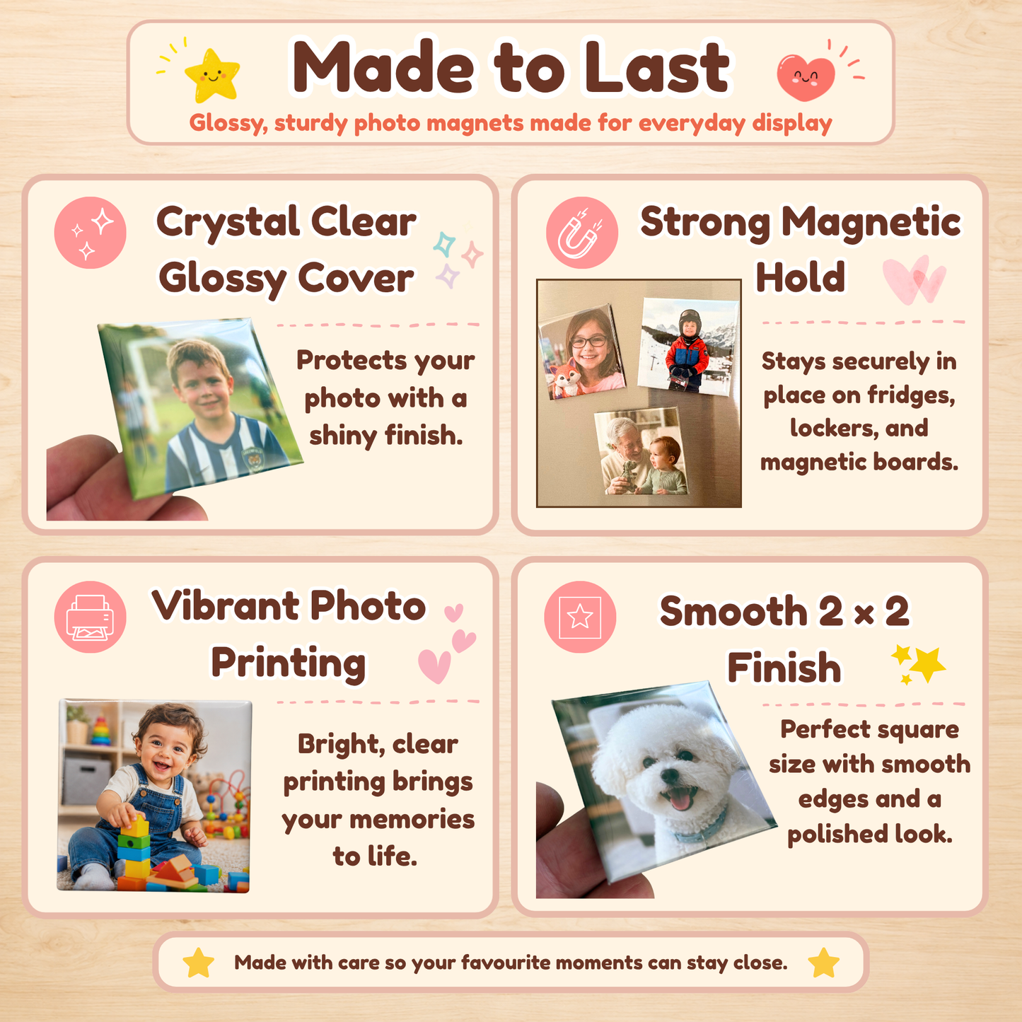 Custom 2x2 Photo Magnets – Personalized Glossy Fridge Keepsakes & Gift Sets