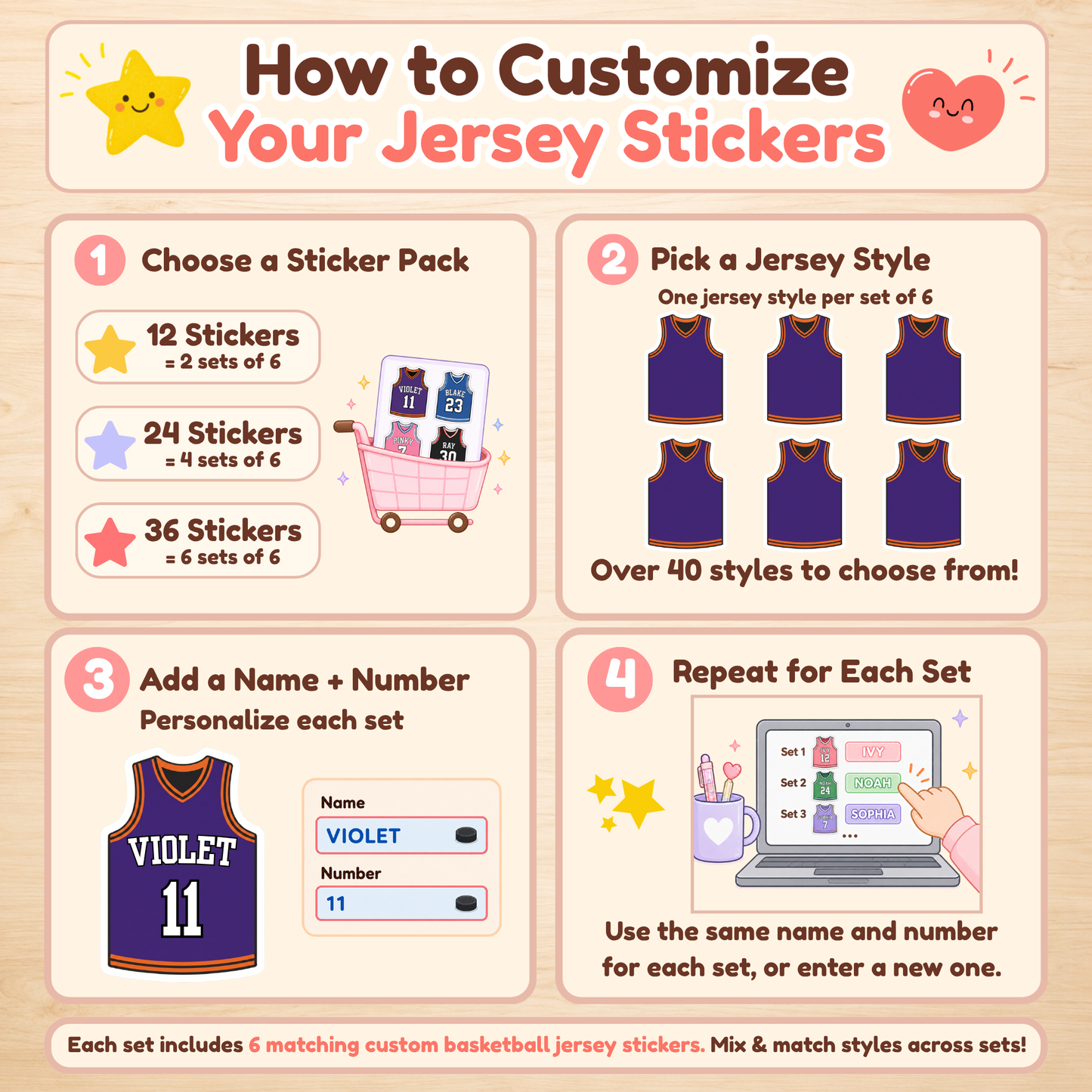 Personalized Basketball Jersey Stickers for Kids | Custom Name & Number Labels